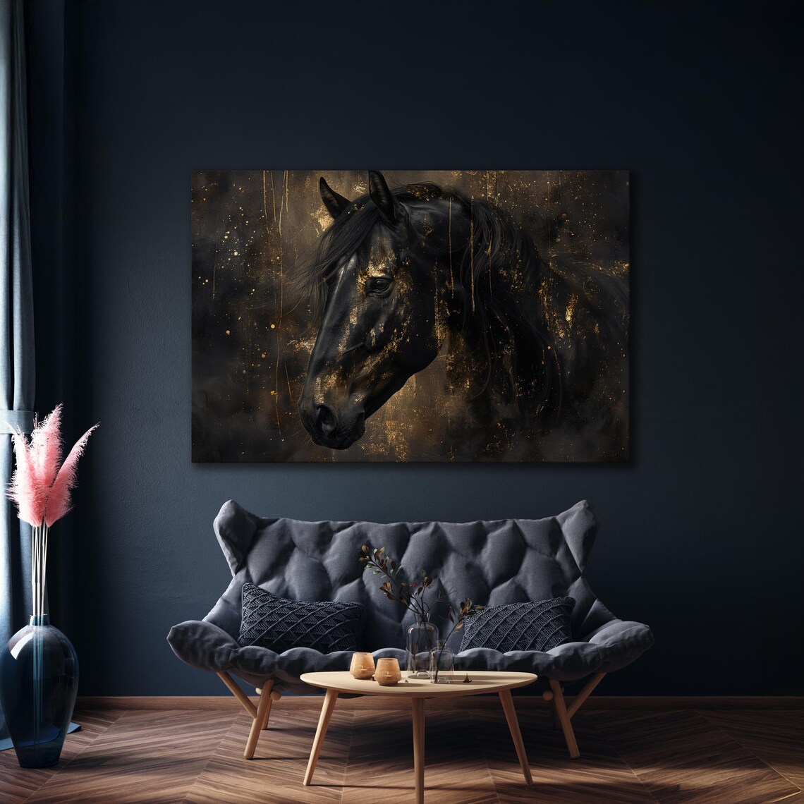 Black Horse Head With Gold Splatter Dramatic Equine Art Poster - Image 3