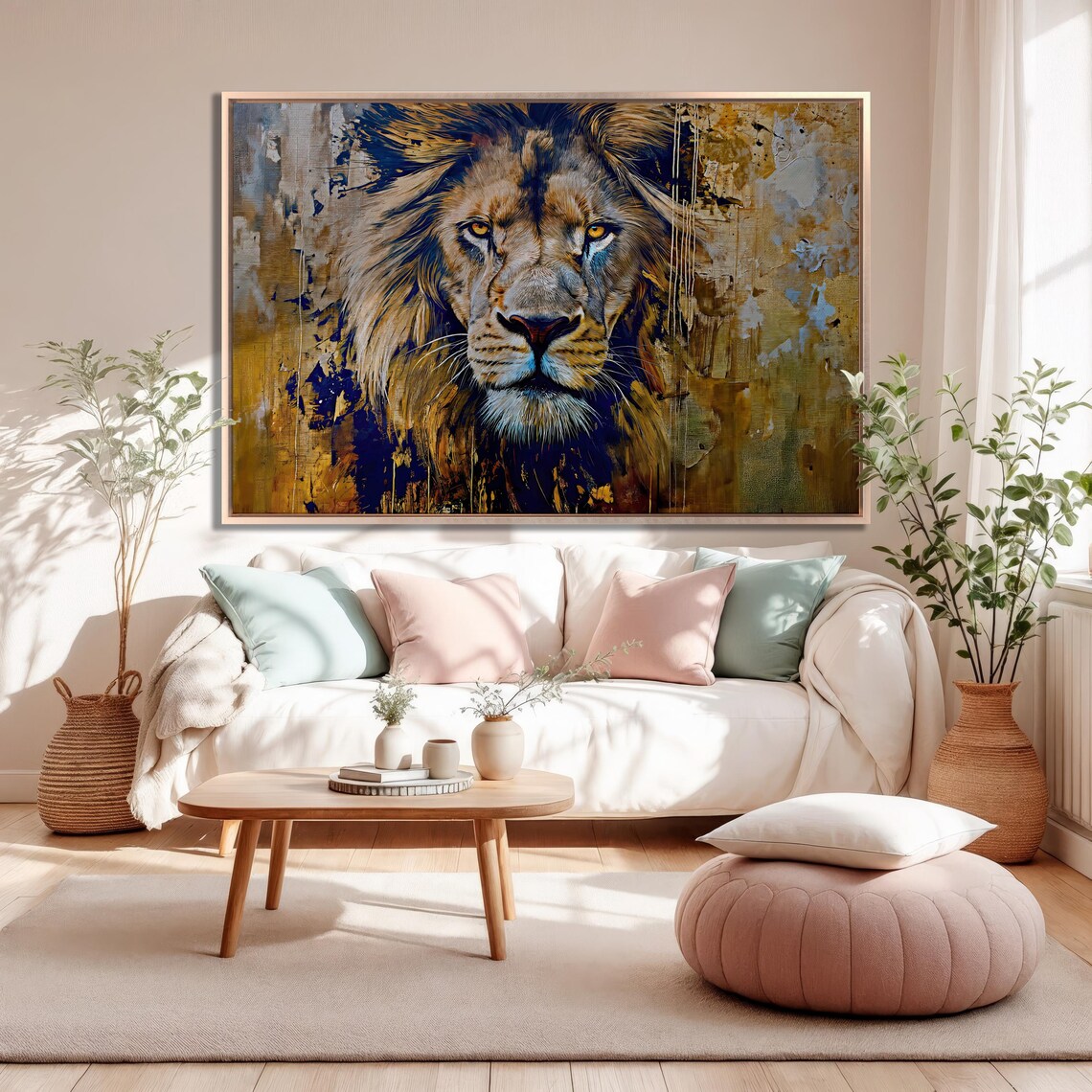 Lion Portrait Golden Brushstrokes Amber Eyes Wildlife Wall Art - Image 2