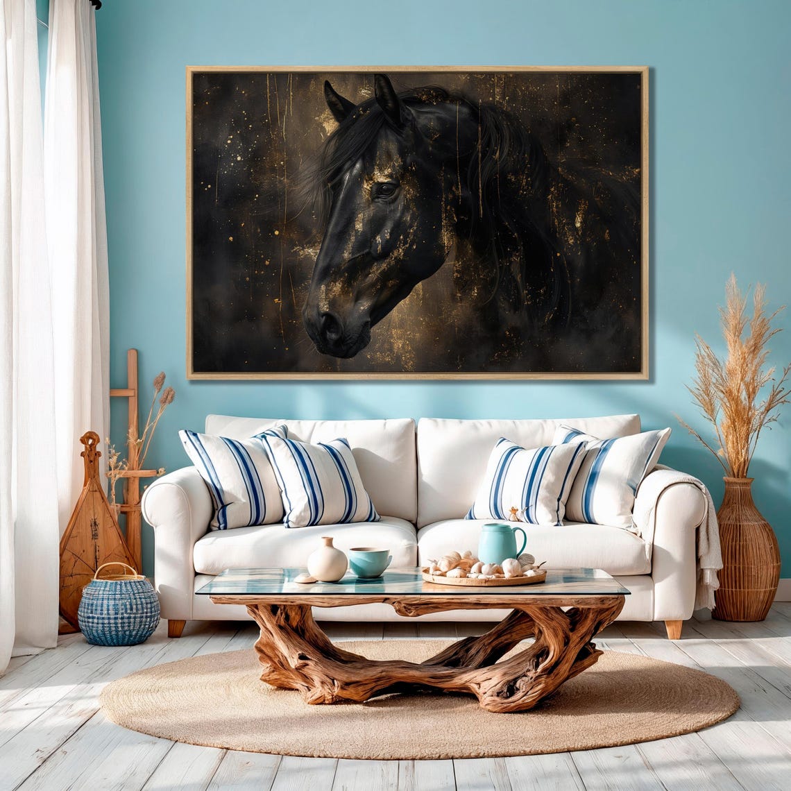 Black Horse Head With Gold Splatter Dramatic Equine Art Poster - Image 2