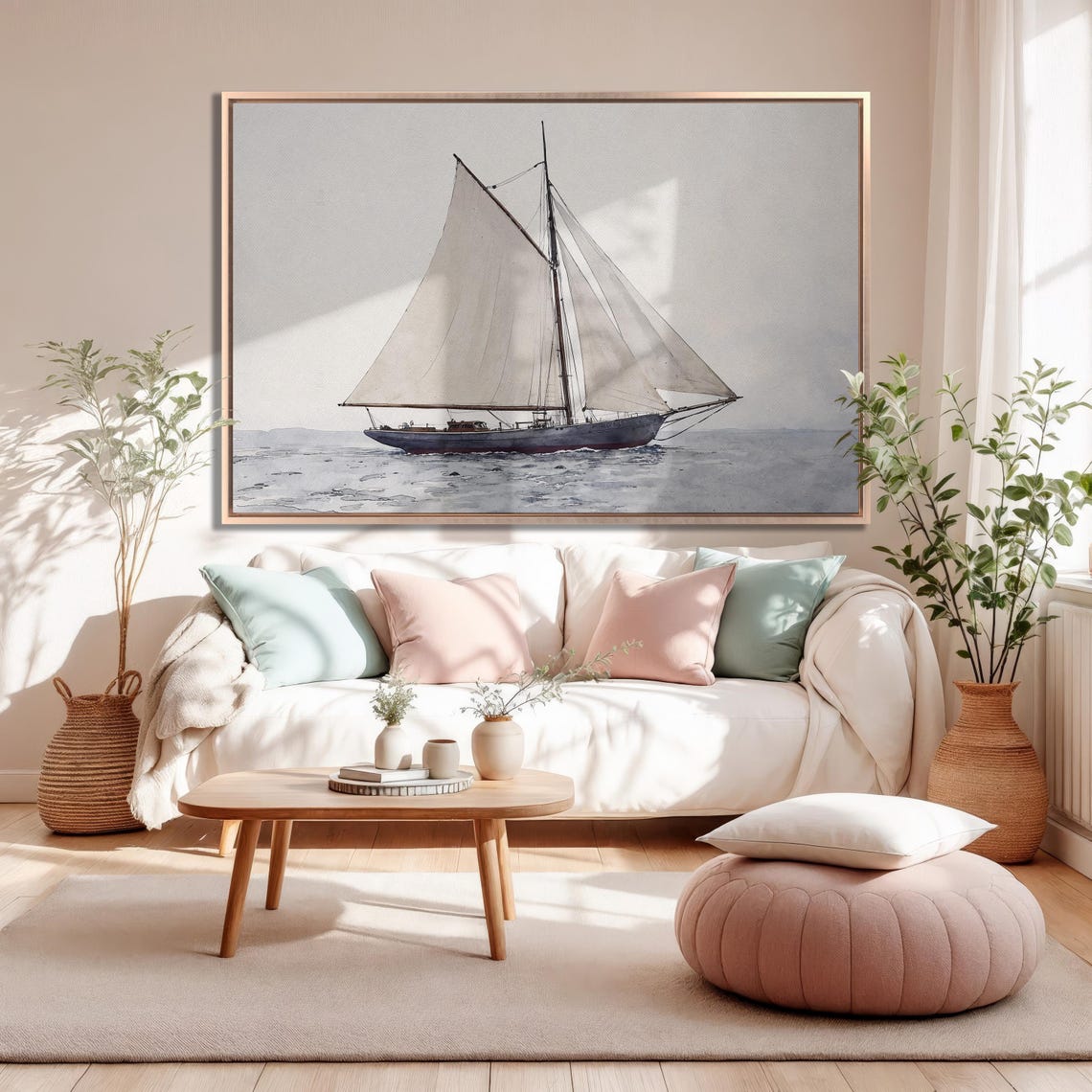 Sailing Ship Watercolor Framed Print Nautical Bedroom Decor Large Wall Art Maritime Artwork Ready To Hang Boat Lovers Gift - Image 5