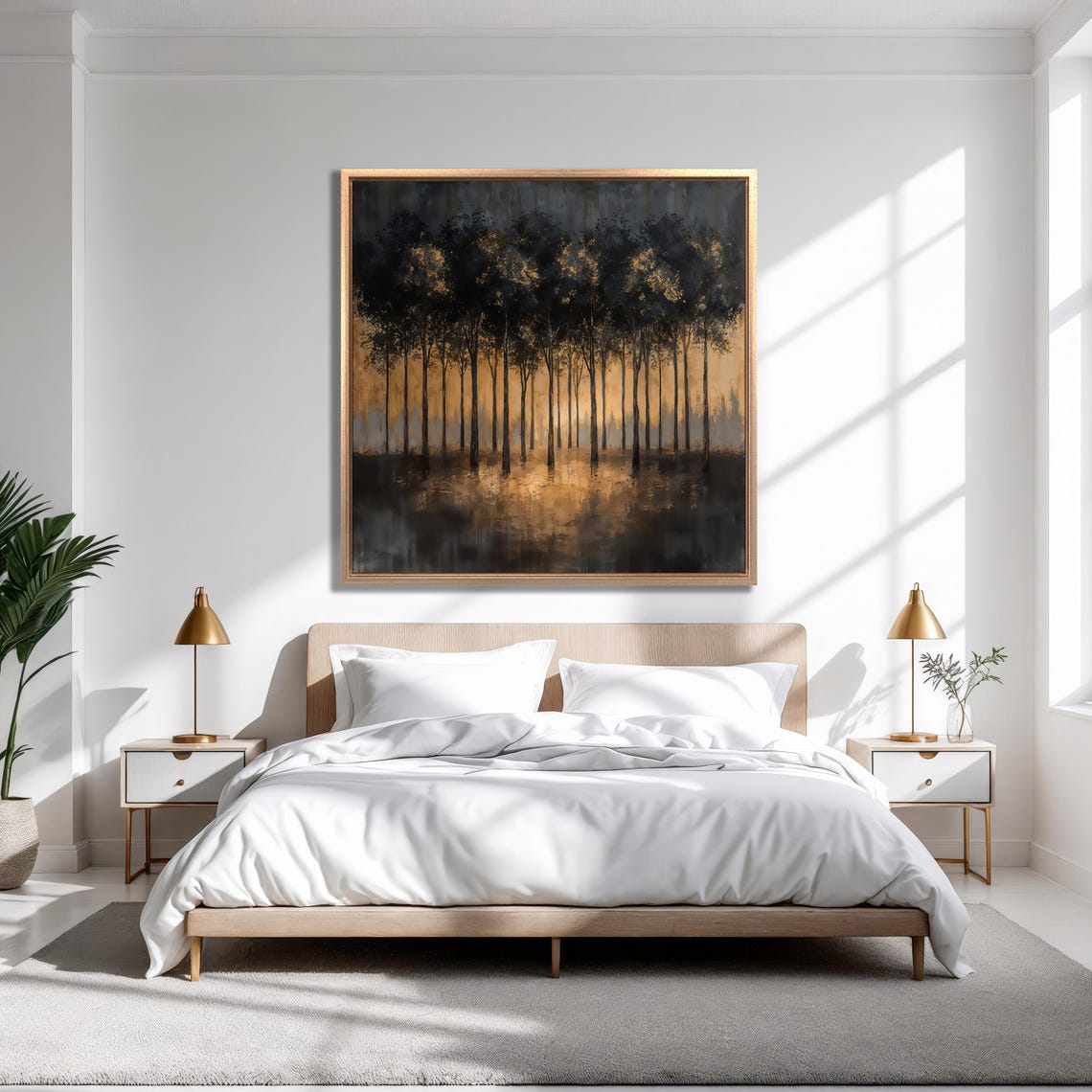 Dark Forest Trees Silhouettes in Golden Mist Reflection Art Poster - Image 6