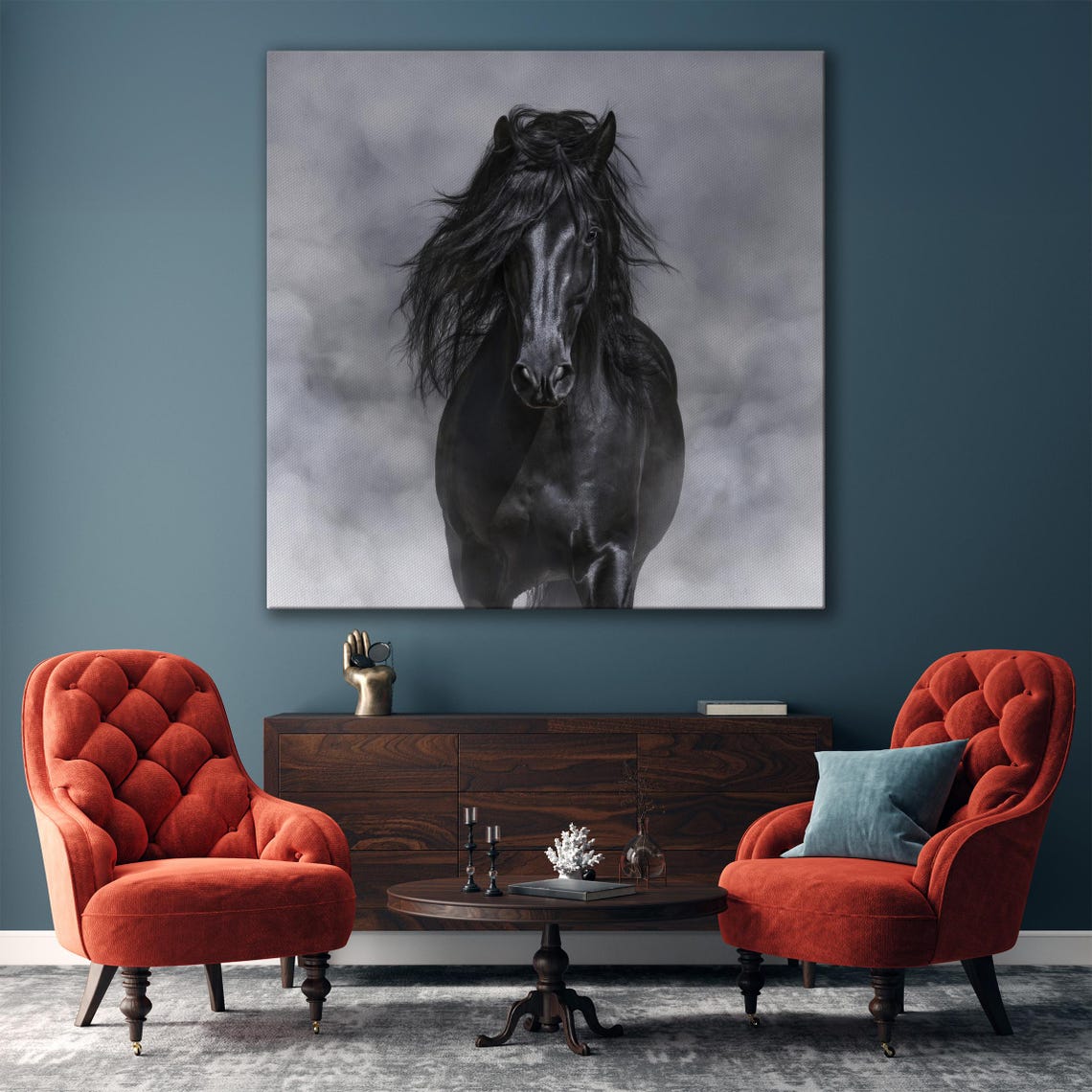 Black Horse Galloping Through Mist Monochrome Equine Wall Art - Image 6