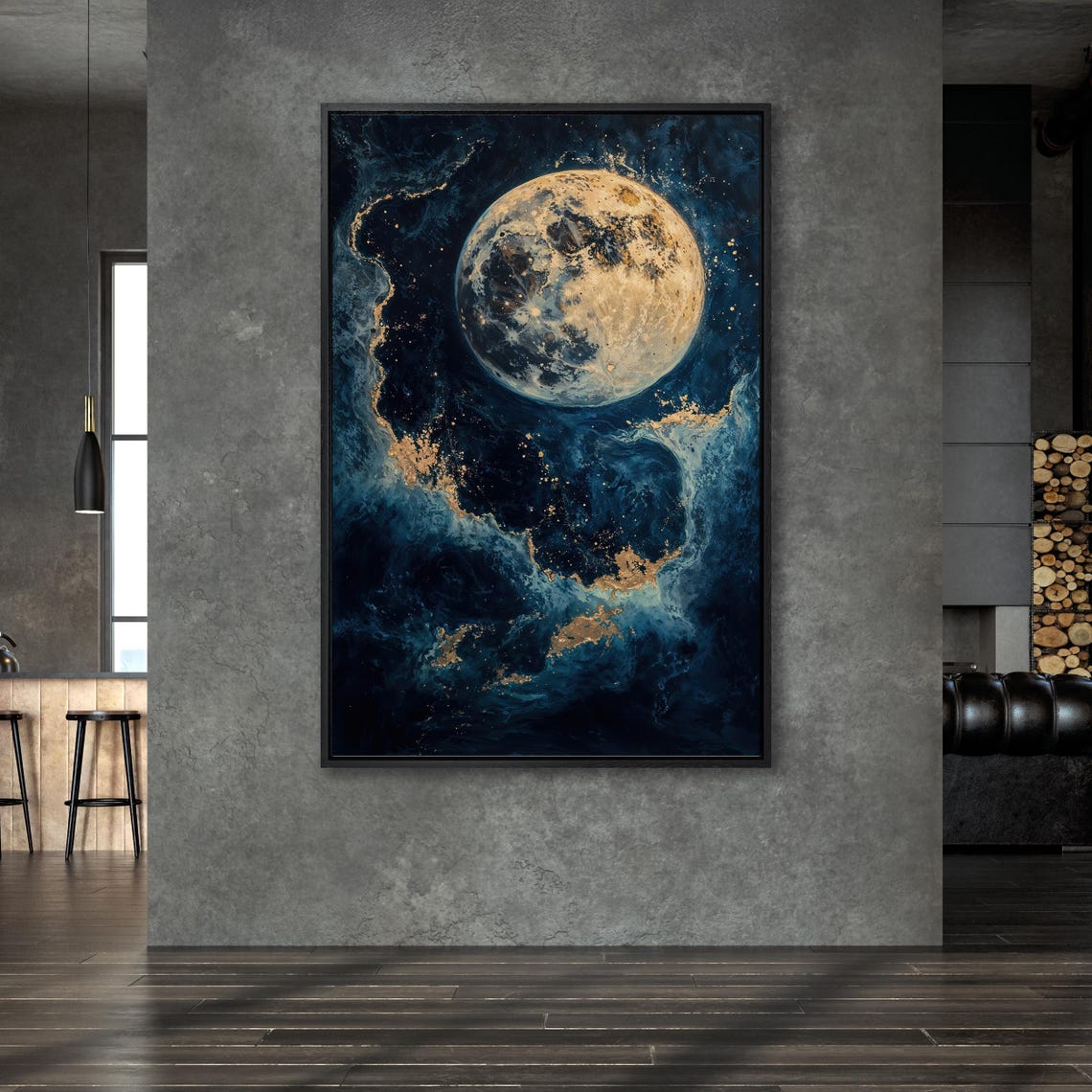 Golden Full Moon in Dark Blue Cosmic Night Sky Elegant Art Poster - Image 5