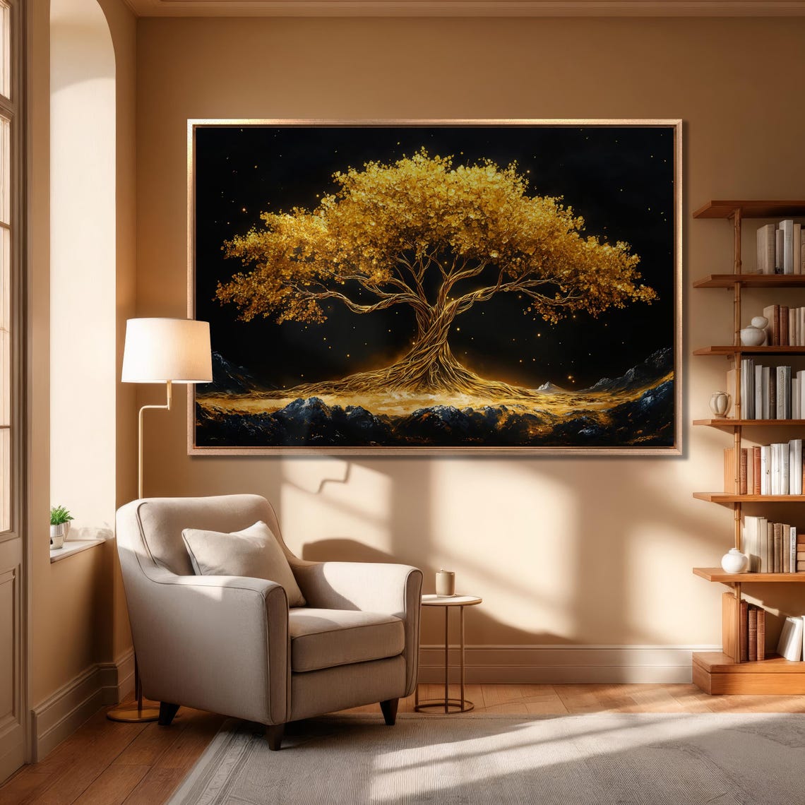 Golden Tree of Life Under Starry Night Sky Mystical Art Poster - Image 3