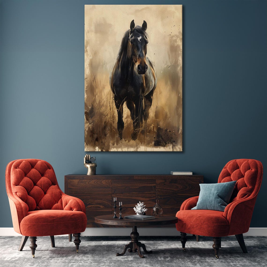Dark Horse Portrait In Golden Abstract Rustic Equestrian Poster - Image 3