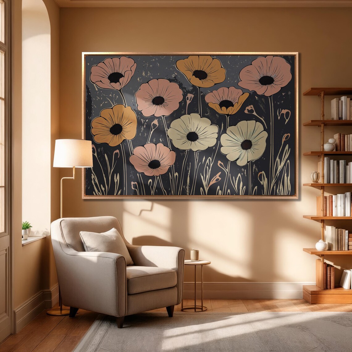 Modern Retro Poppy Blooms In Coral Gold On Black Floral Poster - Image 6