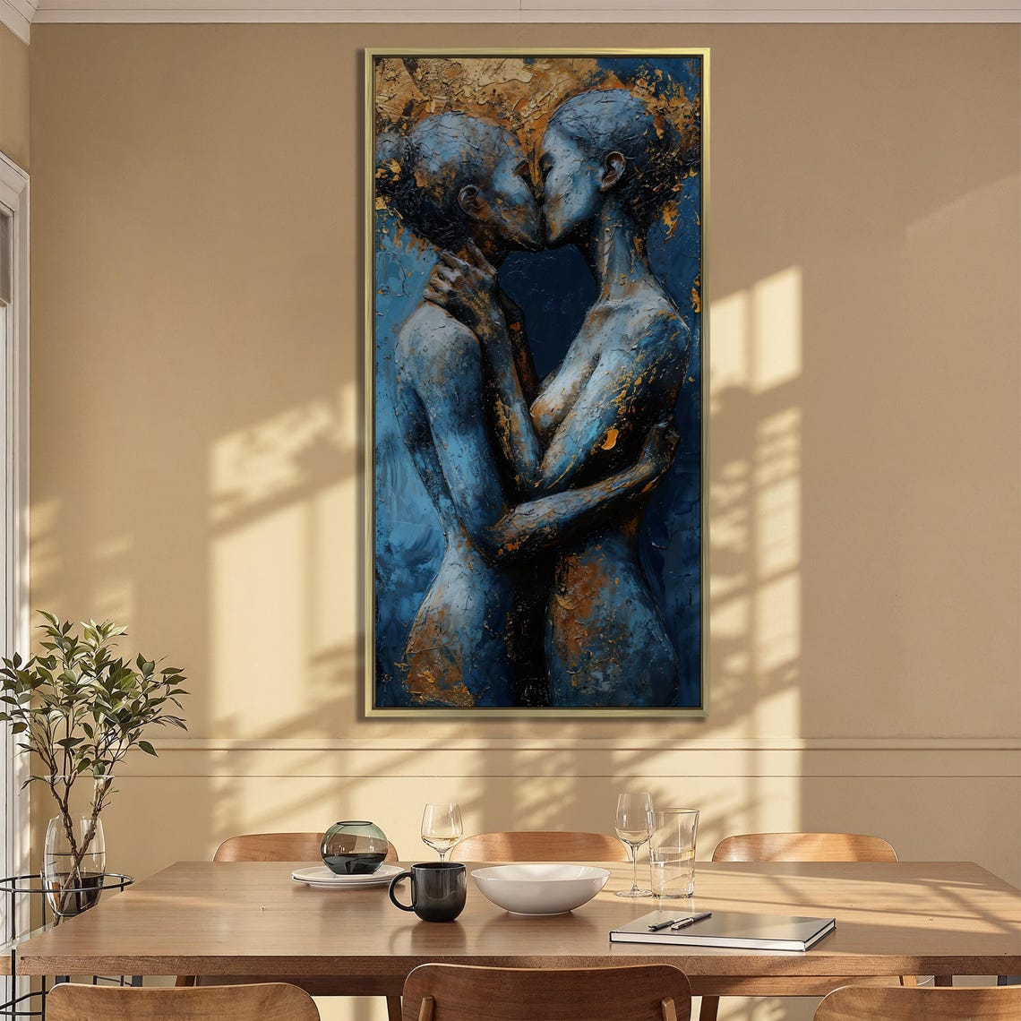 Embracing Couple Blue And Gold Textured Abstract Love Wall Art - Image 5