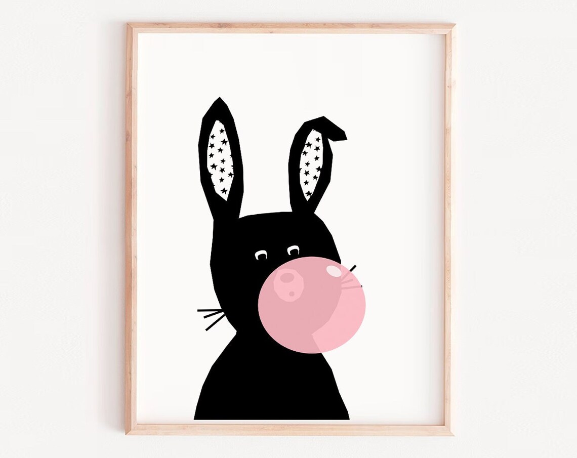 Bunny With Gum Nursery Print Art Kids Wall Black Rabbit Room Decor