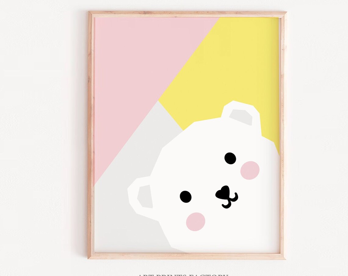 Girls Nursery Bear Wall Art Print, Modern Forest Decor