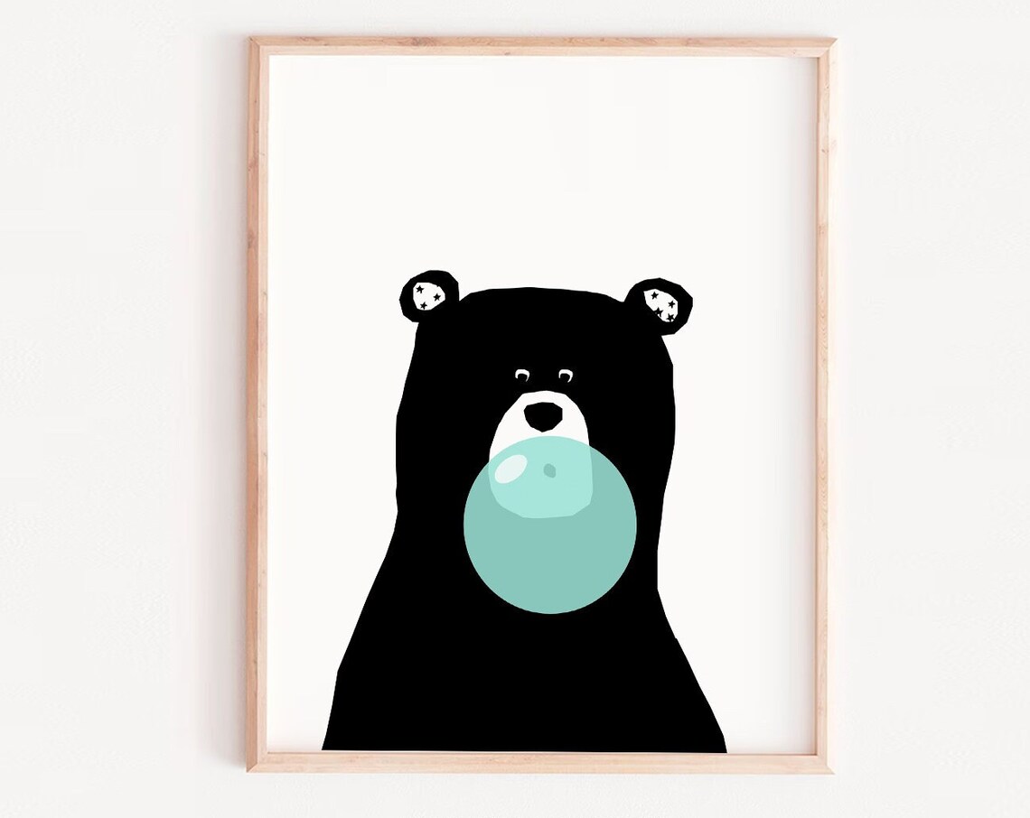 Nursery Bear Peekaboo With Bubble Gum, Modern Art Print