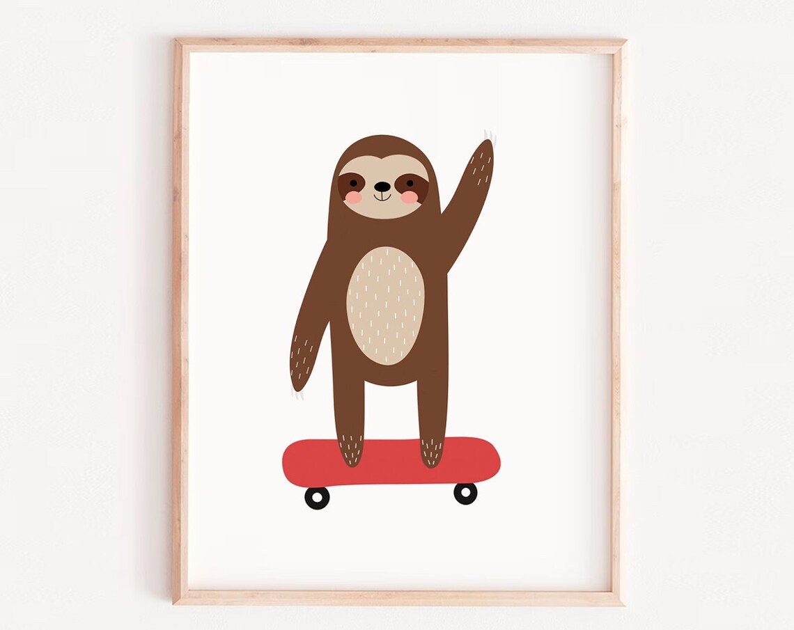 Sloth Print, Skateboarder Animal Art Print
