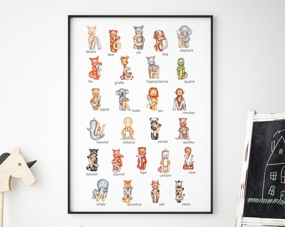 Animal English Alphabet Abc Watercolor Poster Children Educational School And Classroom Kid And Baby Print