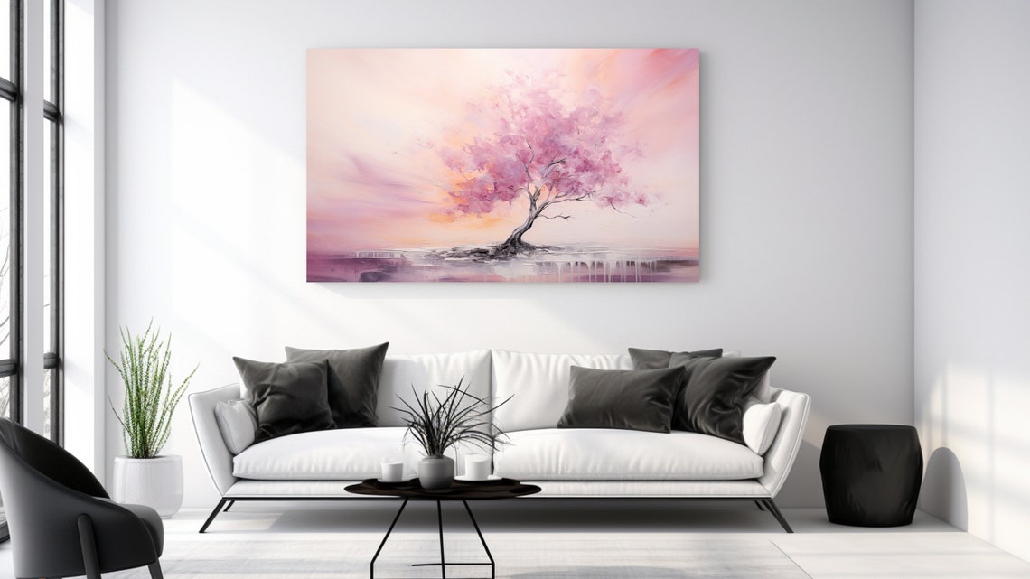 Blush Pink Cherry Blossom Tree Painting Living Room Wall Art