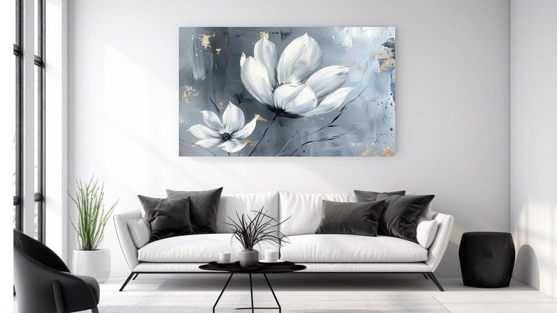 White Magnolia Grey Blue Abstract Elegant Floral Painting Poster