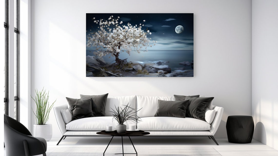 White Blossom Tree Moonlight Night Ocean Coast Full Moon Nature Poster