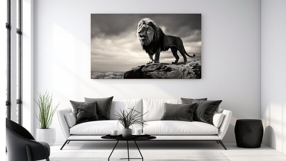 Lion Standing On Rock Dramatic Black And White Wildlife Poster Print