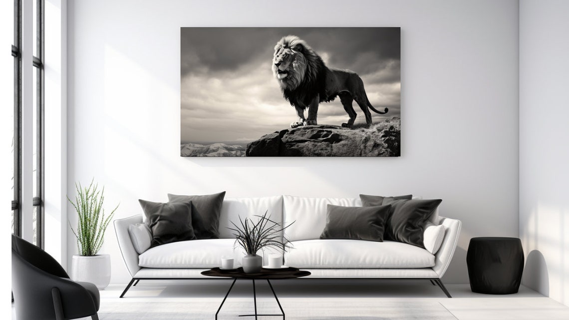Lion Standing On Rock Dramatic Black And White Wildlife Poster Print