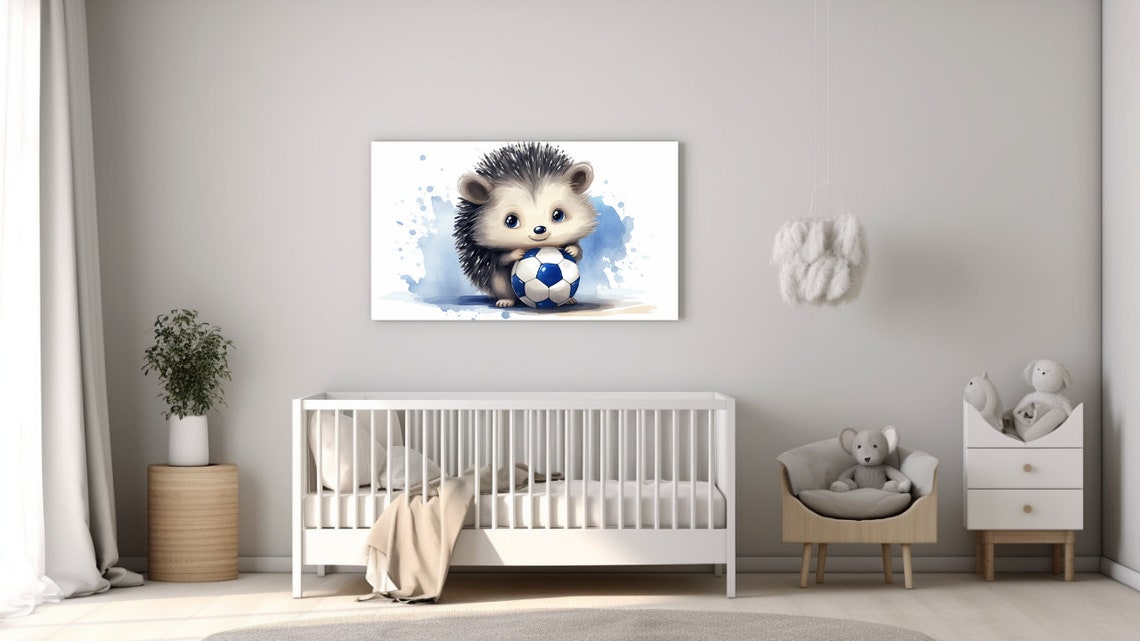Cute Hedgehog Hugging Soccer Ball Blue Watercolor Nursery Poster
