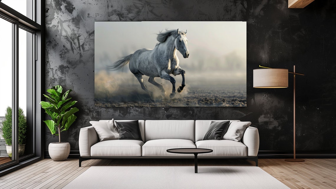 Grey White Horse Galloping Dusty Mist Dramatic Equine Wall Art