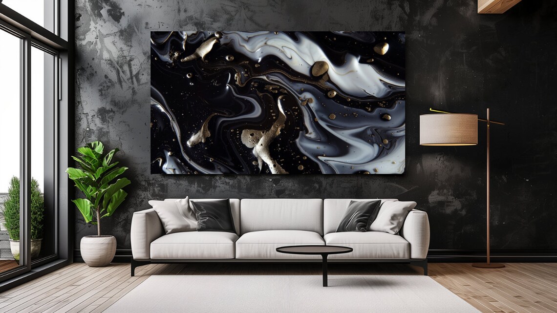 Black White Gold Abstract Ink Swirl Luxury Modern Wall Art Decor