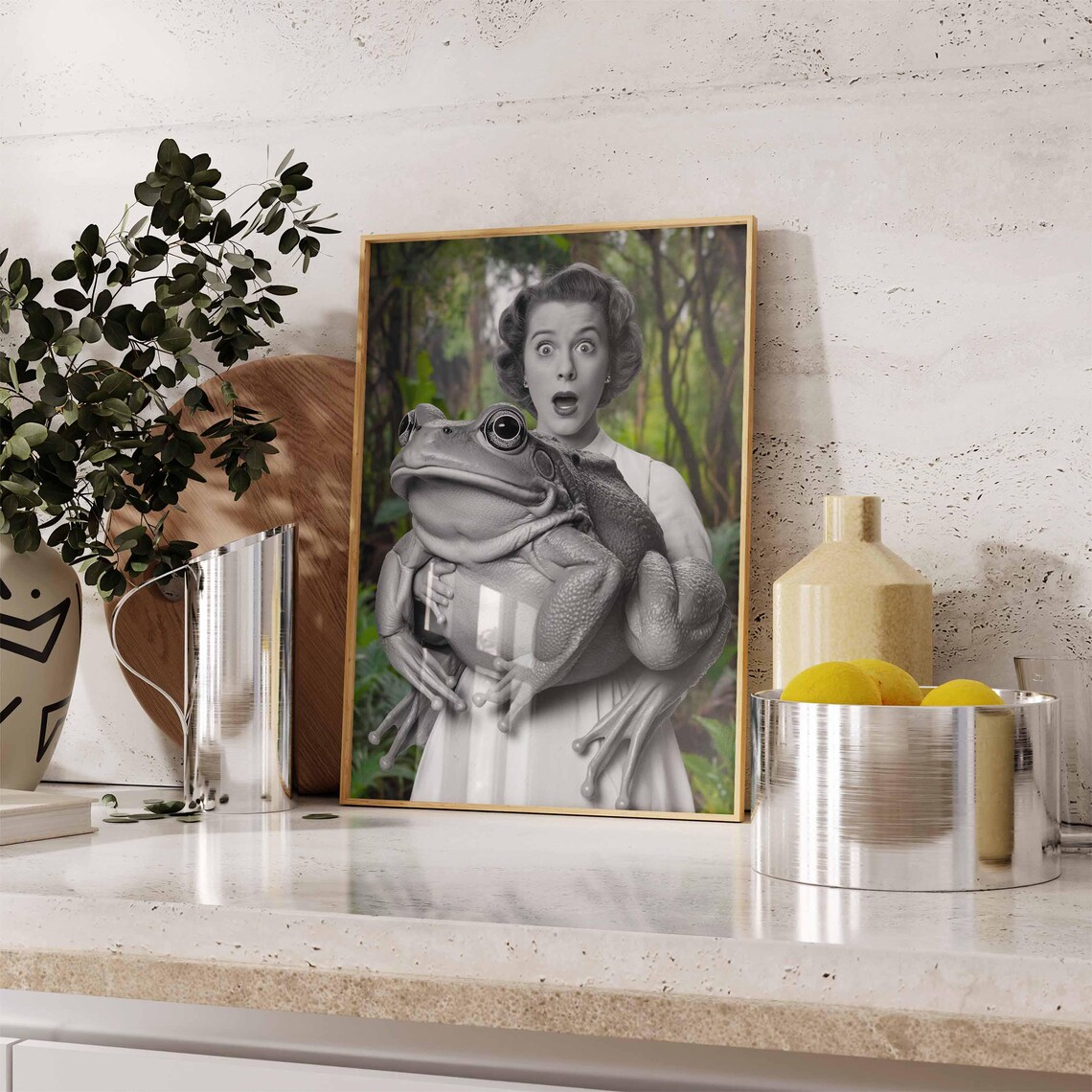 Surprised Woman With Giant Frog In Green Jungle Vintage Photo Poster - Image 2