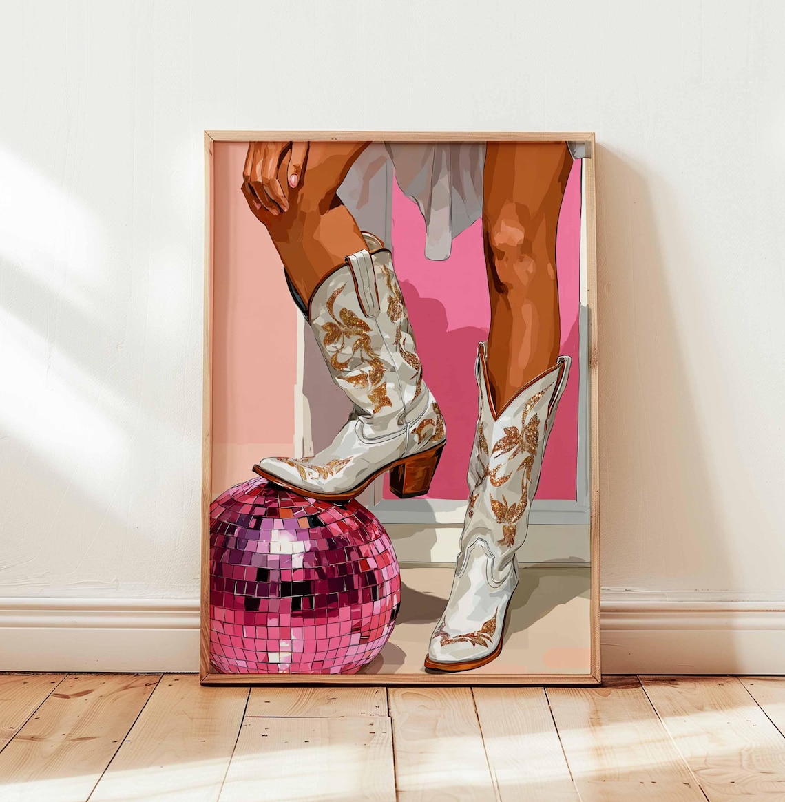 Pink Cowgirl Boots Disco Ball Poster, Retro Country Decor