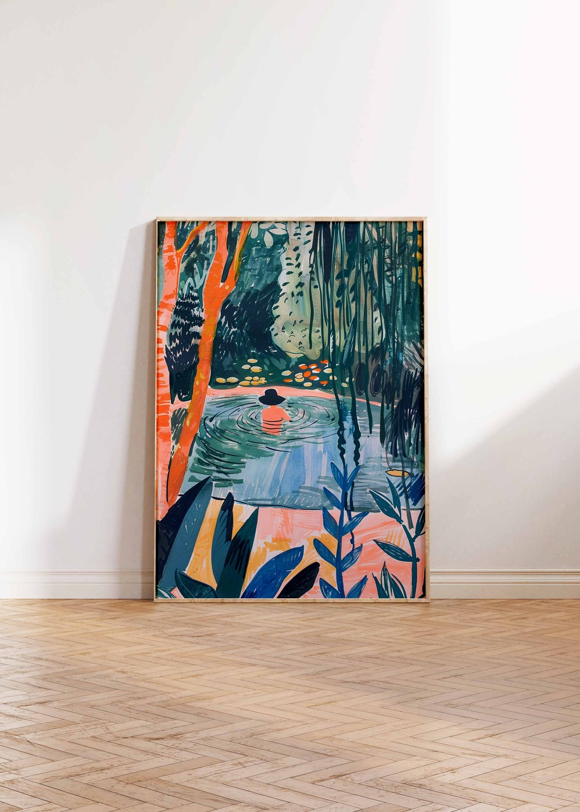 Swimming Woman Wading in Lily Pond with Orange Trees Art Poster - Image 3