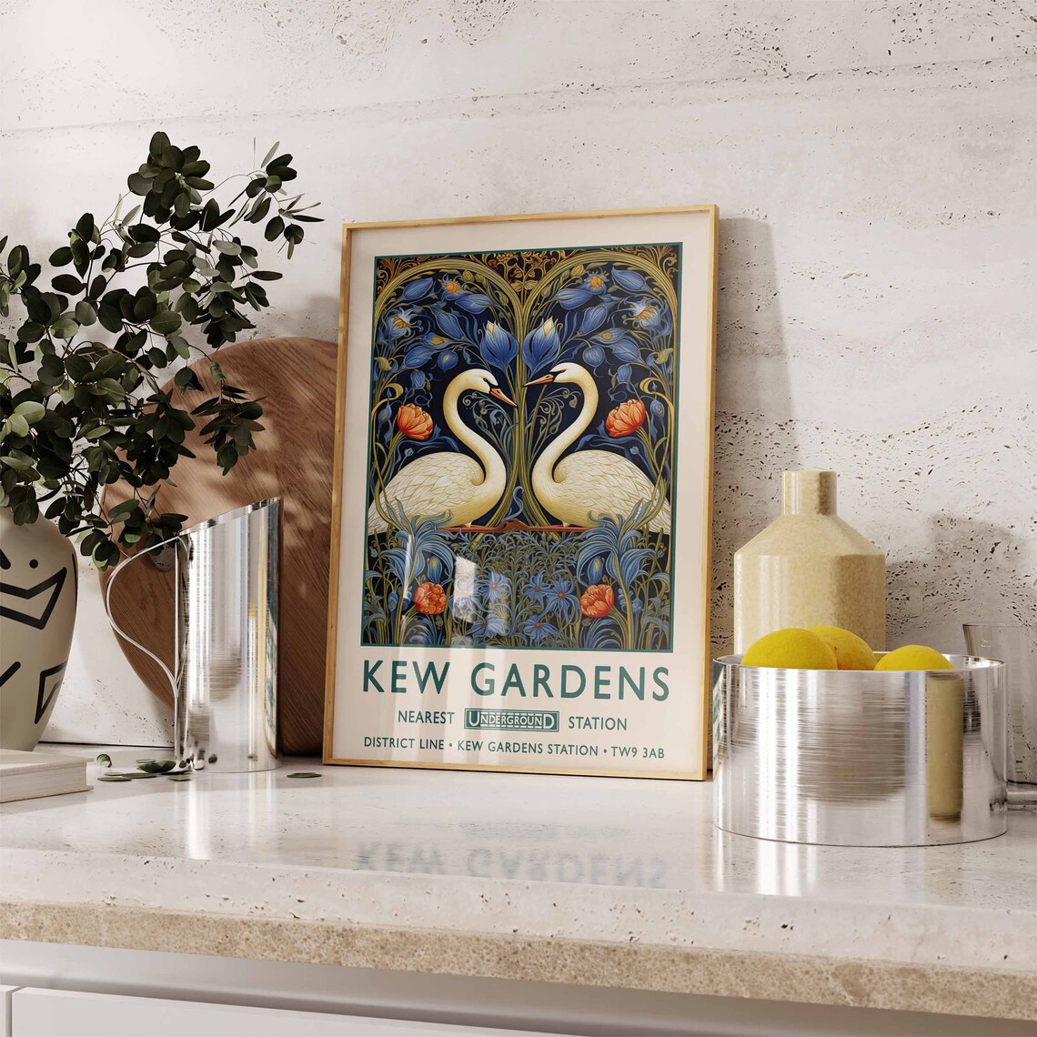 Kew Gardens Swans William Morris Style Underground Art Poster - Image 2