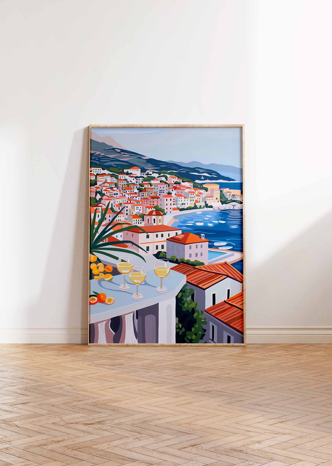 Sunny Coastal Town Terrace Wine Glasses Scenic Travel View Poster - Image 2