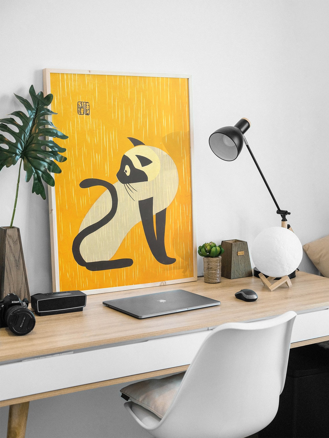 Japanese Siamese Cat Woodblock Style Gold Background Art Poster - Image 2