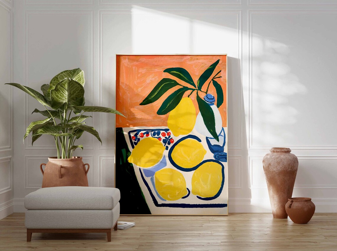 Bright Lemons With Green Leaves On Coral Background Art Poster - Image 3
