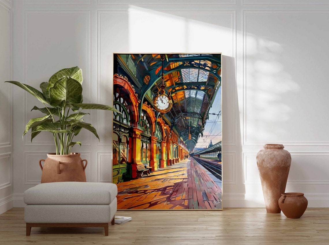Sunlit Grand Railway Station Platform With Hanging Clock Poster - Image 3