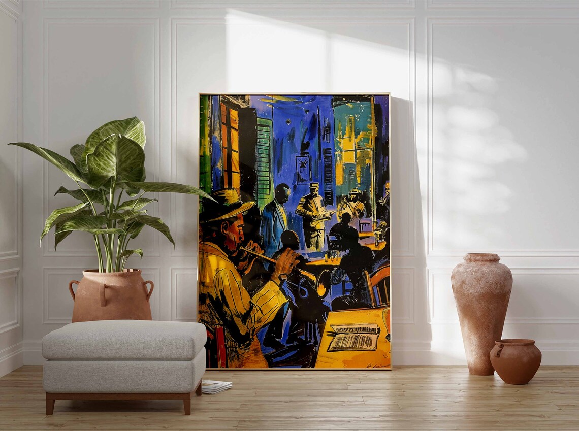 Jazz Musicians Blue Gold Nightclub Trumpet Scene Expressive Painting Poster - Image 3