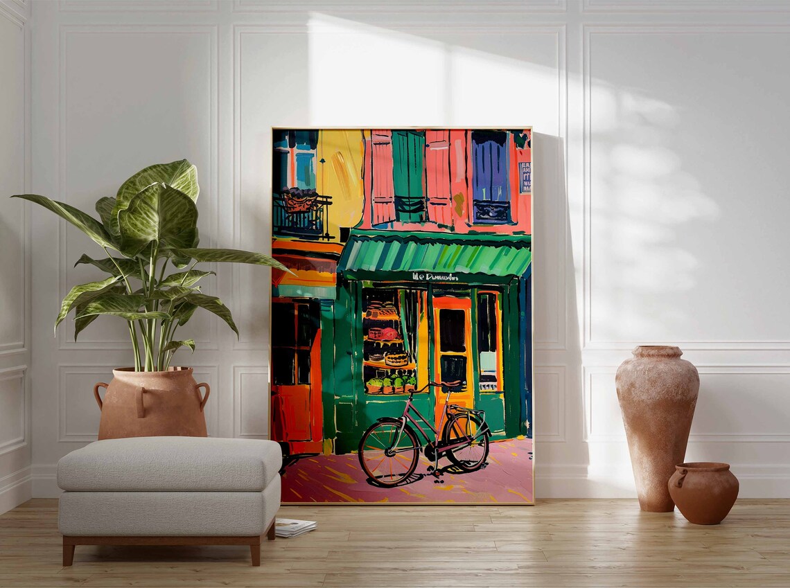 Colorful European Shop Front Bicycle Impressionist Street Art Poster - Image 3