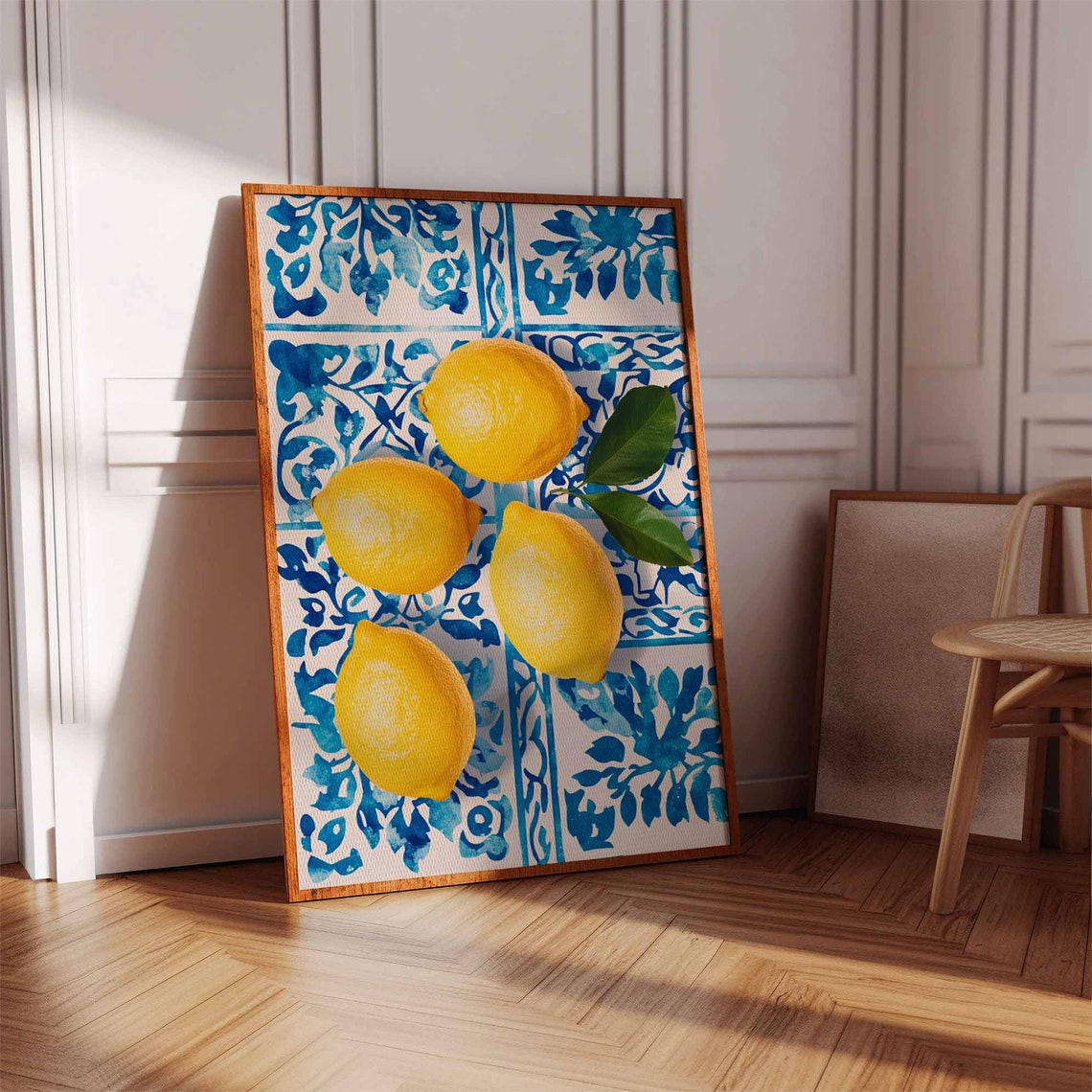 Ripe Four Lemons with Leaves Blue Tile Still Life Art Poster - Image 2
