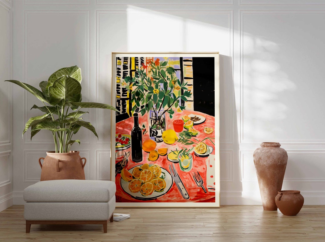 Fauvist Still Life Lemons Wine Bottle Pink Tablecloth Painting Poster - Image 3