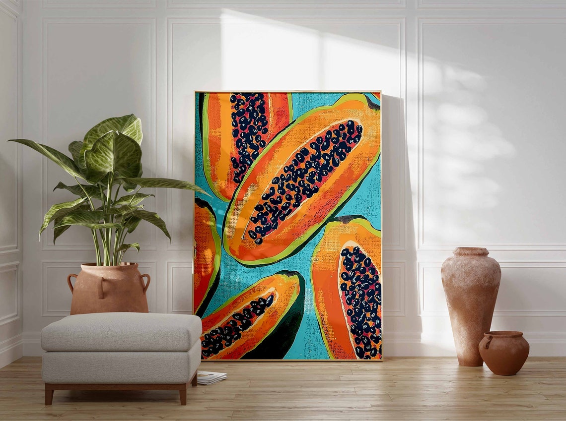 Bold Sliced Papaya Halves on Turquoise Bold Pop Art Style Poster - Image 2