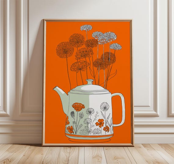 Vintage Teapot Poster Retro Kitchen Wall Art Print Modern Minimalist Home Decor Bold Orange Floral Artwork Scandinavian Style