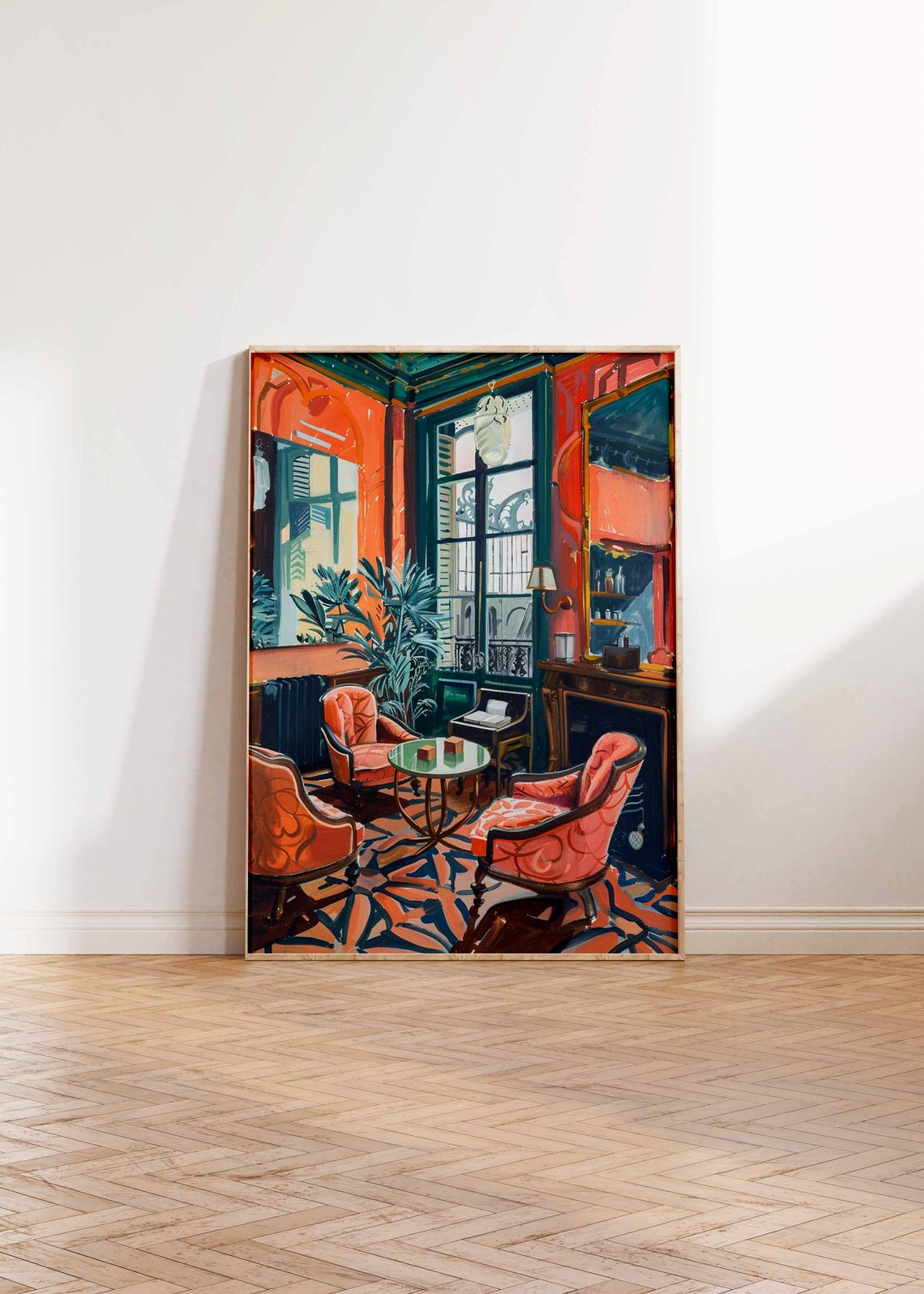 Orange and Teal Sitting Room Windows Armchairs Lounge Art Poster - Image 2