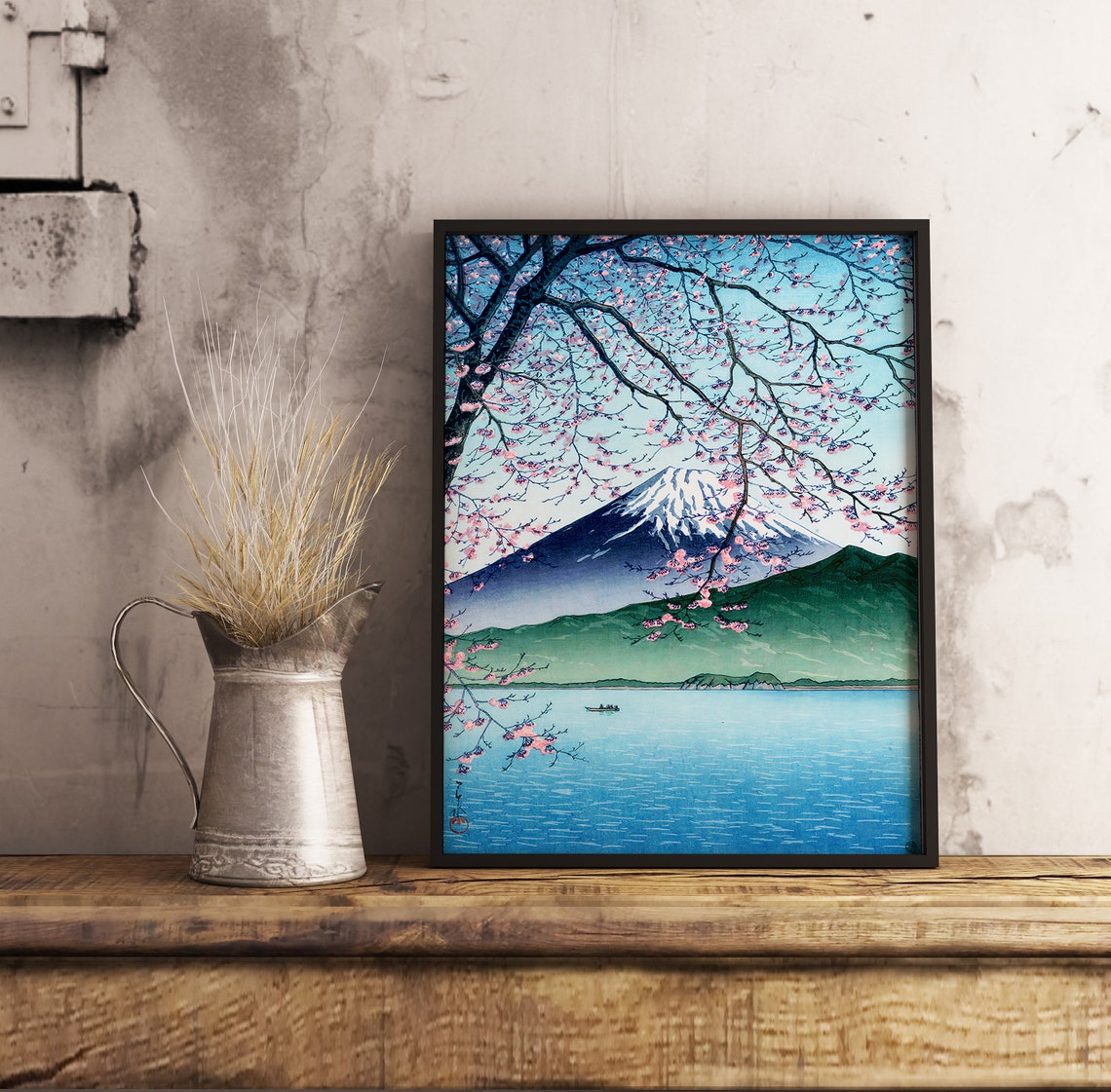 Mount Fuji Cherry Blossom Japanese Woodblock Lake View Poster - Image 2