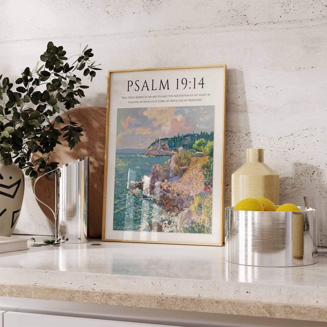 Psalm 19 14 Bible Verse Coastal Impressionist Art Decor Poster - Image 3