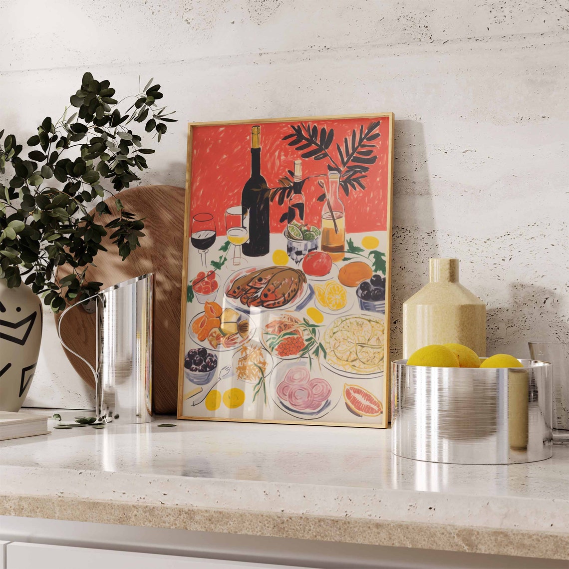 Mediterranean Feast Table Wine and Seafood Painting Kitchen Poster - Image 2