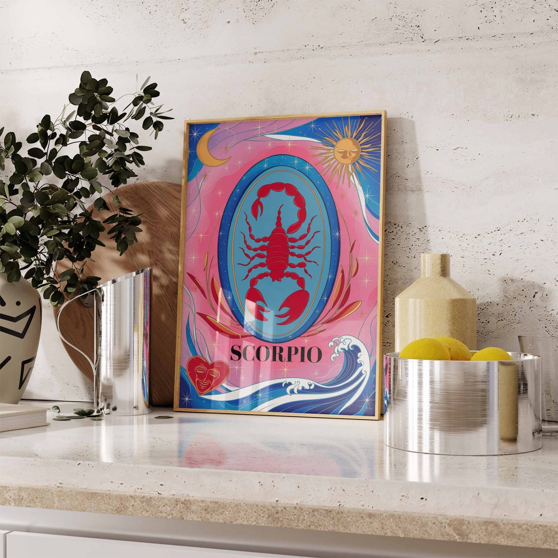 Scorpio Zodiac Scorpion Pink Blue Oval Sun Moon Wave Art Poster - Image 3