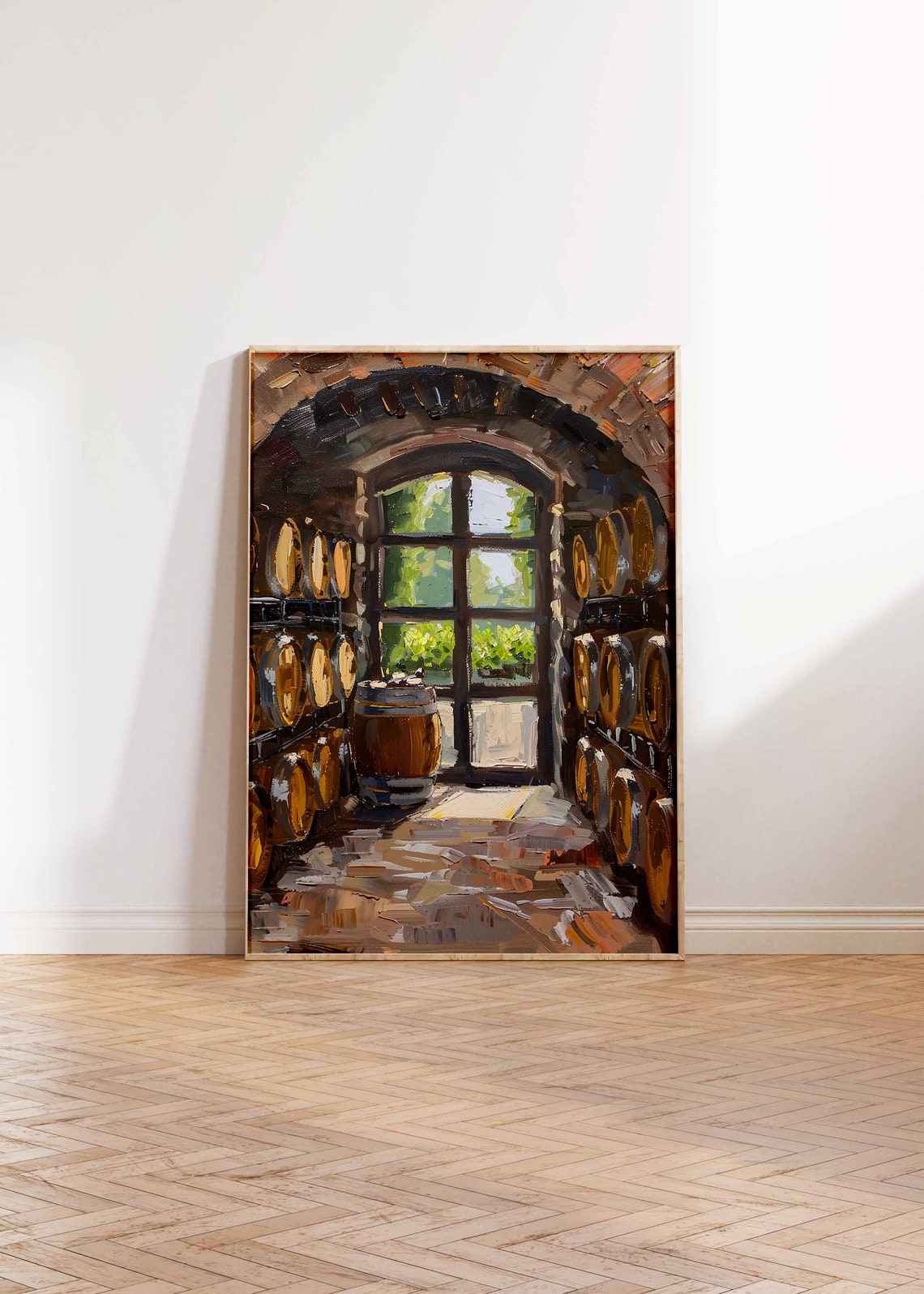 Wine Cellar Arched Window Art Poster Barrels Sunlit Interior Scene - Image 2