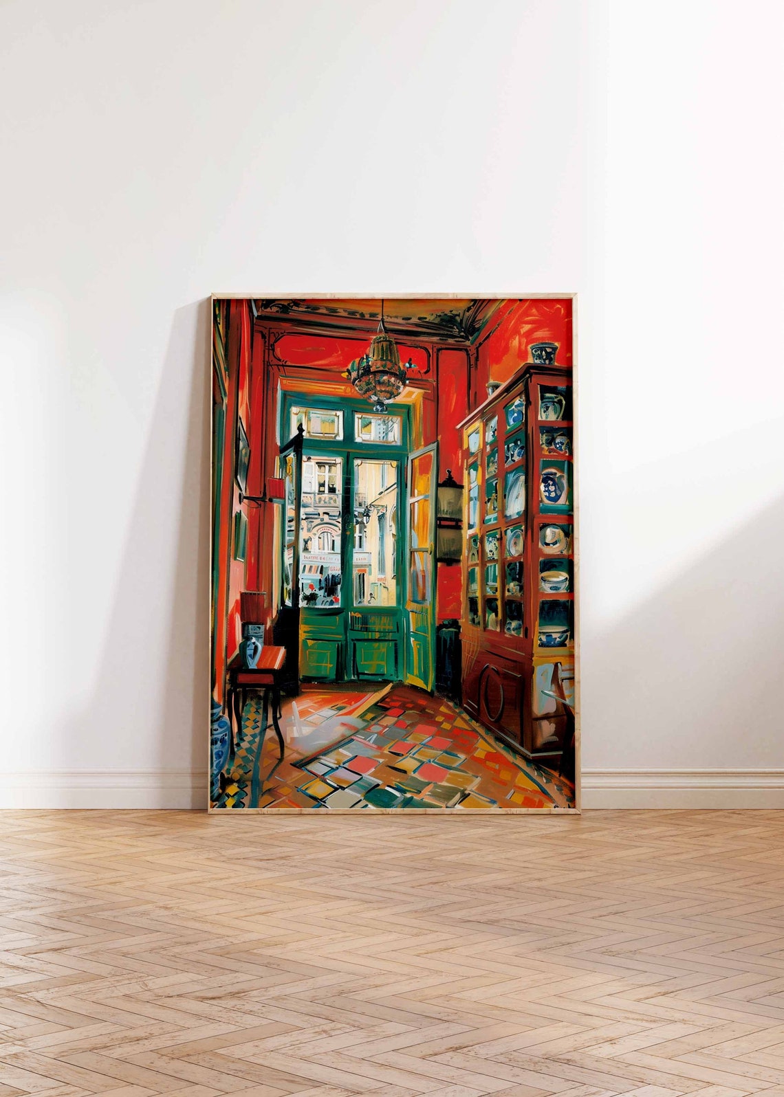 Red Hallway Interior Open Door Porcelain Cabinet Dramatic Art Print - Image 2