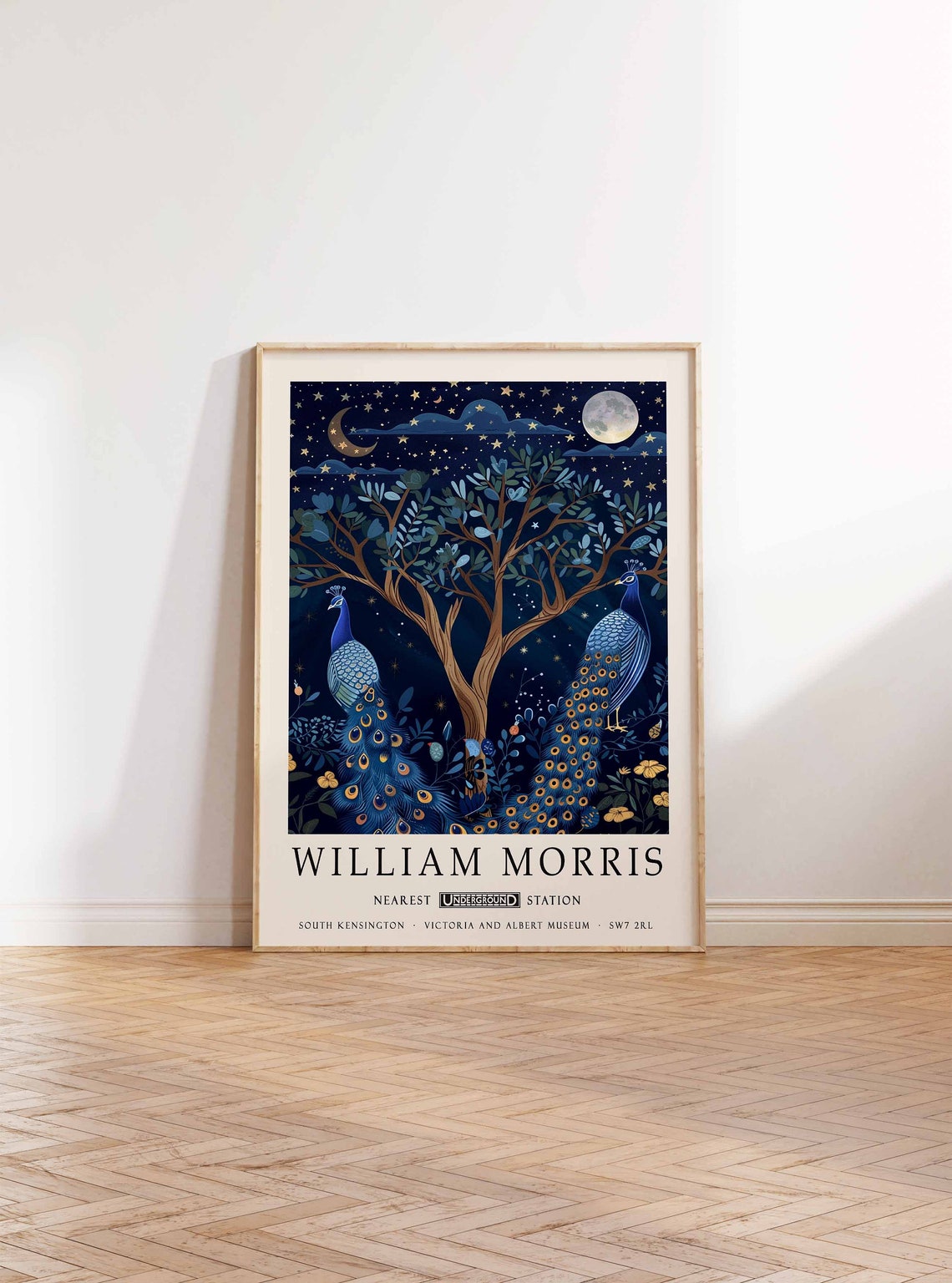 William Morris Two Peacocks Under Moonlit Tree Night Art Poster - Image 2