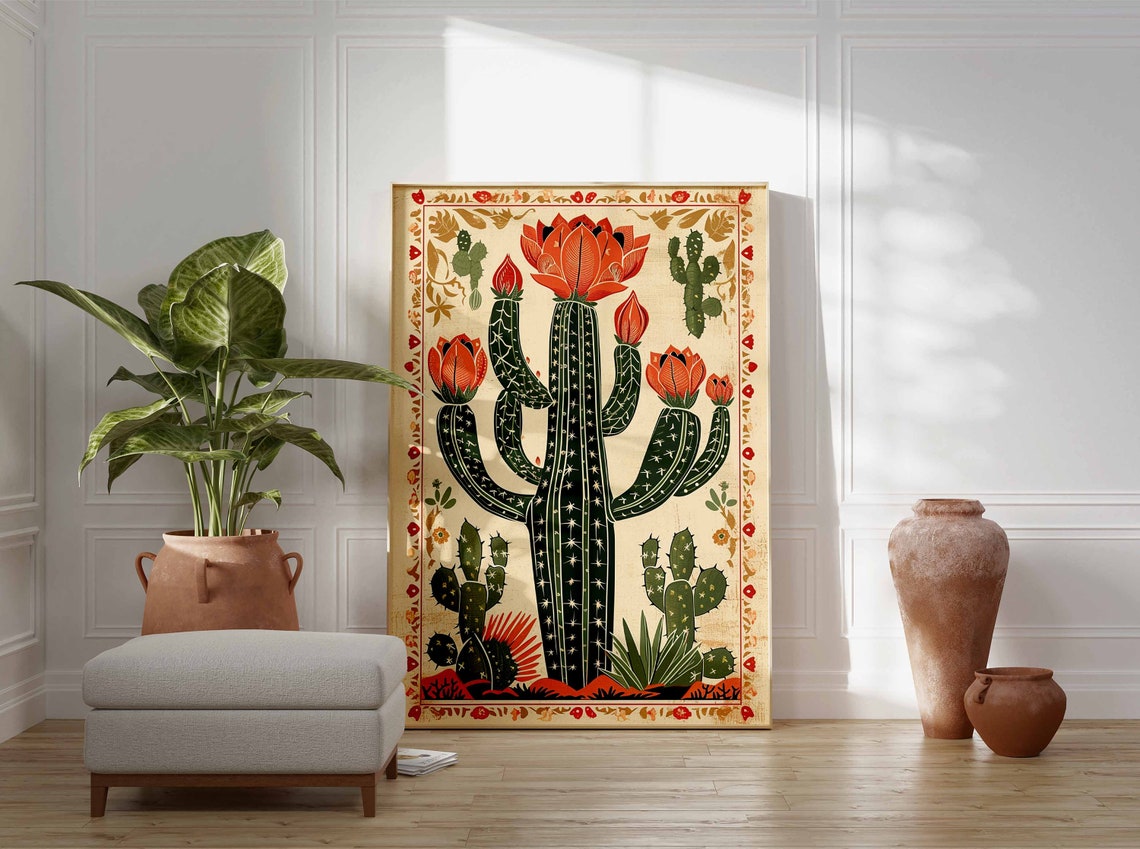 Blooming Saguaro Cactus Mexican Folk Botanical Illustration Art Poster - Image 3