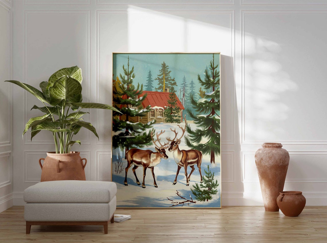 Vintage Reindeer Cabin Snowy Forest Christmas Winter Art Poster - Image 3