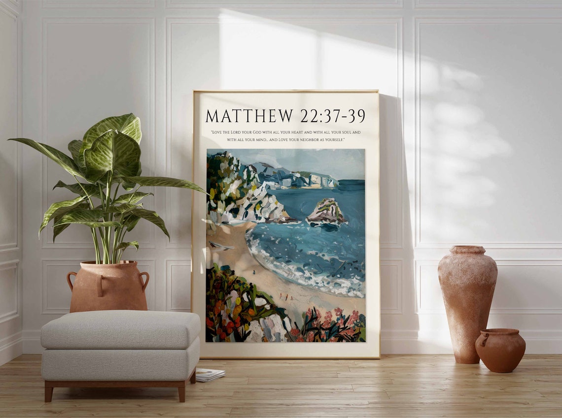 Matthew 22:37-39 Bible Verse Sandy Cove Love God Seascape Art Print - Image 2