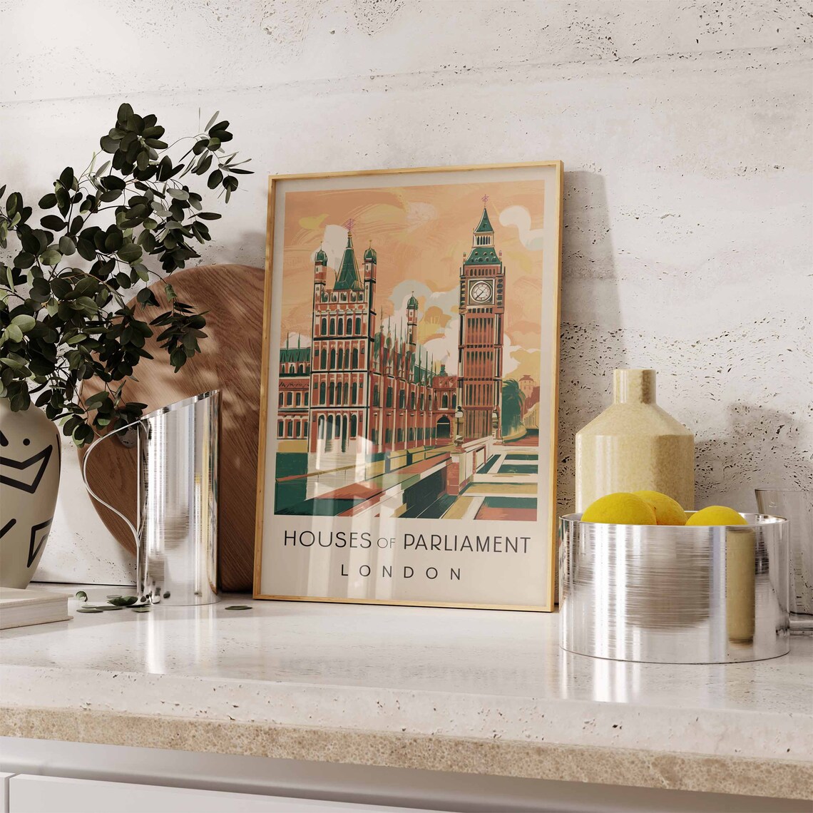 Houses of Parliament Big Ben London Sunset Retro Travel Poster - Image 2